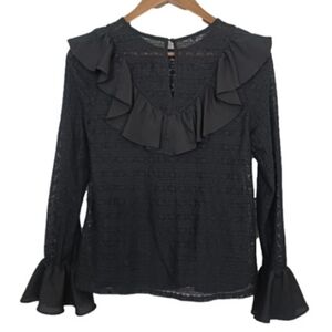 MOON RIVER ANTHROPOLOGY MACKENZIE & ME Black Bell Ruffle Sleeve Lace Blouse Top
